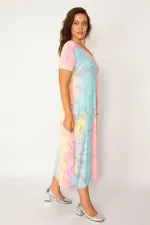 Kadın Saks Batik Desen V Yaka Cepli Elbise 65N33979