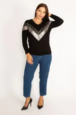 Kadın Siyah Önü Lame Bloglu V Yakalı Bluz  65N34483