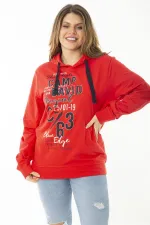 Women's Plus Size Red Double-Thread Front Printed Hooded Sweatshirt 65N37161