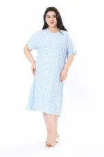 Kadın Büyük Beden Bebe Mavisi Bürümcük Kumaş Kısa Kollu Desenli Elbise 65N37858