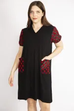 Kadın Siyah Büyük Beden Kol Ve Cepleri Desenli Tül Detaylı V Yakalı Elbise