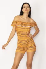 KADIN ORANJ VOLAN DETAYLI İP ASKILI KISA ŞORTLU TULUM