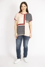 Kadın Renkli Büyük Beden Önü Kazayağı Desenli Bluz