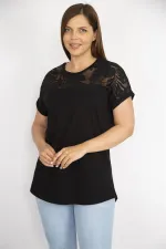 Kadın Beyaz Büyük Beden Pamuk Kumaş Robası Tül Aplike Uzun Bluz