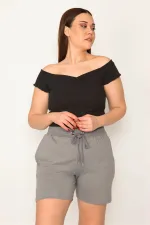 Kadın Gri Pamuklu Kumaş Beli Lastik Ve Kuşgözü Bağcıklı Yan Cepli Şort 65N32349