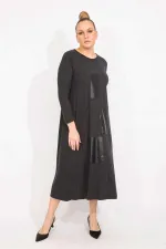 Kadın Antrasit Suni Deri Garnili Uzun Kollu Elbise 65N35528