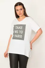 KADIN BEYAZ ÖN TAŞ VE ÇİZGİ BASKI DETAYLI YAN FERMUAR YIRTMAÇLI BLUZ