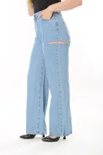 Kadın Büyük Beden Mavi Yırtık Detaylı Yüksek Bel Kot Pantolon 65N38076