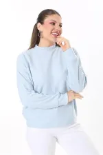 Kadın Büyük Beden Bebe Mavisi Yün Viskon Kumaş Yarasa Kollu Bluz 65N37703