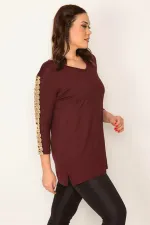 KADIN BORDO KOL DETAYLI V YAKALI BLUZ