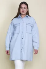 Kadın Mavi Salaş Kesim Çıtçıt Düğmeli Oversize Kot Tunik Ceket 65N28048