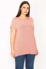 Kadın Kırmızı Sırt Detaylı Düşük Kollu Çizgili Bluz 65N30193