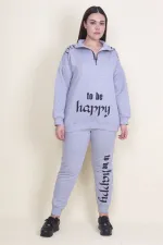 Kadın Gri Pat Fermuar Detaylı Şardonlu Baskılı Eşofman Takım 65N21019