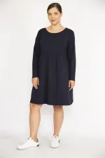 Kadın Büyük Beden Lacivert Bisiklet Yakalı Belden Büzgülü Uzun Kollu Tunik Elbise