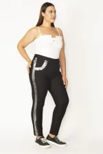 Kadın Siyah Süs Cep Ve Yanları Lak Baskı Beli Lastikli Dalgıç Kumaş Likralı Pantolon 65N27814