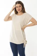 Kadın Büyük Beden Vizon Etek Ucu Bağcıklı Düşük Kollu Bluz 65N37031