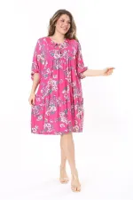 Kadın Büyük Beden Renkli Ön Pat Düğmeli Göğüs Büzgülü Yarasa Kollu Elbise 65N37959