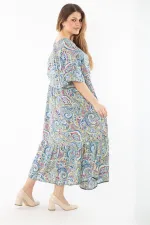 Kadın Büyük Beden Renkli Yaka Lastikli Dokuma Viskon Kumaş Katlı Elbise 65N37349