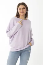 Kadın Büyük Beden Lila Yarasa Kol Kendinden Çizgili Yün Viskon Bluz 65N37007