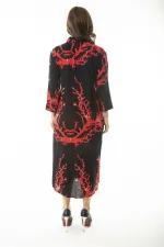 Kadın Büyük Beden Kırmızı Dokuma Viskon Kumaş Ön Boy Düğmeli Uzun Kollu Elbise 65N36887