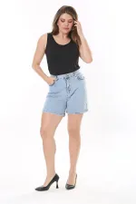Kadın Büyük Beden Mavi Yıkama Efektli 5 Cepli Kot Şort 65N37823