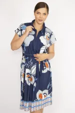 Kadın Lacivert Büyük Beden Yakalı Ön Pat Fermuarlı Beli Kuşaklı Elbise