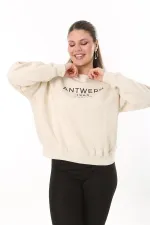 Women's Plus Size Beige Fabric Front Printed Sweatshirt with Raised Interior 65N37719