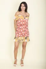 WOMEN'S SALMON FLORAL PATTERNED FLOORN DETAILED LINED DRESS