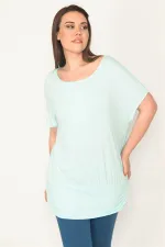 Kadın Camgöbeği Yeşil Bisiklet Yaka Etek Ucu Bantlı Düşük Kollu Tunik 65N32563