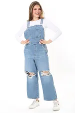 Kadın Büyük Beden Mavi Yırtık Detaylı Kot Salopet 65N37889