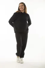 Kadın Büyük Beden Siyah Kanguru Cep Ve Kapşonlu Sweatshirt Pantolon İliki Takım 65N37053