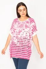 Kadın Fuşya Ön Desenli Düşük Kollu Bluz 65N30192