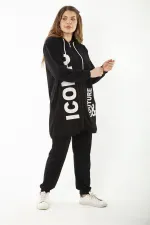 Kadın Büyük Beden Gri Baskı Ve Fermuar Detaylı Kapşonlu Sweatshirt Pantolon Takım 65N37128