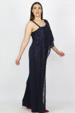 Kadın Lacivert Dantel Detaylı Tulum 65N19614