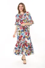 Kadın Büyük Beden Mavi Dokuma Viskon Kumaş Eteği Katlı Kısa Kollu Elbise 65N37868