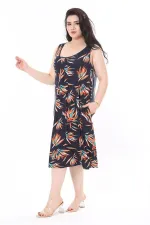 Kadın Büyük Beden Renkli Bisiklet Yakalı Göğüs Pileli Kolsuz Uzun Elbise 65N37946