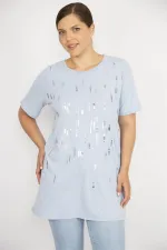 Kadın Büyük Beden Bebe Mavisi Payet Ve Taş İşli Bisiklet Yakalı Bluz