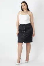 Kadın Lacivert Diagonal Saten Kumaş Düğme Detaylı Arka Bel Lastikli Etek 65N16670