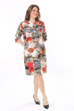 Kadın Büyük Beden Renkli Ön Boy Yarım Düğmeli Kol Boyu Ayarlı Hakim Yakalı Elbise 65N37956