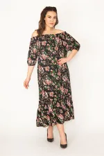 KADIN EFLATUN DOKUMA VİSKON KUMAŞ MADONNA YAKA KOL AĞZI VE YAKASI LASTİKLİ KATLI ELBİSE