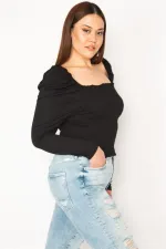 KADIN SİYAH BEDEN KISMI GİPE LASTİKLİ KARMEN YAKA UZUN KOLLU CROP BLUZ