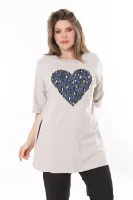 Kadın Büyük Beden Vizon Lak Baskılı Yan Yırtmaçlı Bluz 65N37801