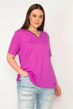 Kadın Eflatun Büyük Beden Tek Yaka Biyeli Spor Bluz 65N35619