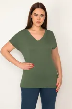 KADIN HAKİ V YAKALI KISA KOLLU BASİC BLUZ