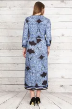 Kadın Mavi Anvelop Yakalı Desenli Uzun Elbise 65N23192