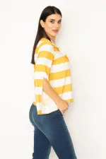 KADIN KIRMIZI YAKASI KUŞGÖZLÜ BAĞCIK DETAYLI KOL YIRTMAÇLI ÇİZGİLİ BLUZ