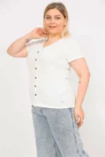 Kadın Kemik Büyük Beden Ön Süs Düğmeli Kendinden Çizgili Bluz 65N35793