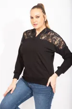 Kadın Saks Robası Dantel Ve Kapşon Detaylı Kanguru Cepli Sweat Shirt 65N35463