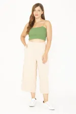 Kadın Büyük Beden Bej Geniş Paçalı Beli Lastikli Yan Cepli Viskon Pantolon 65N36807