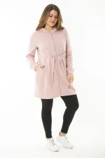 Kadın Büyük Beden Pembe Kapşonlu Belden Büzgü Bağcıklı Sweatshirt 65N37119